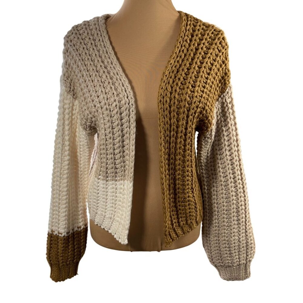 New Wild Fable Chunky Knit Cardigan Sweater Color Block Tan Cream Size S Small